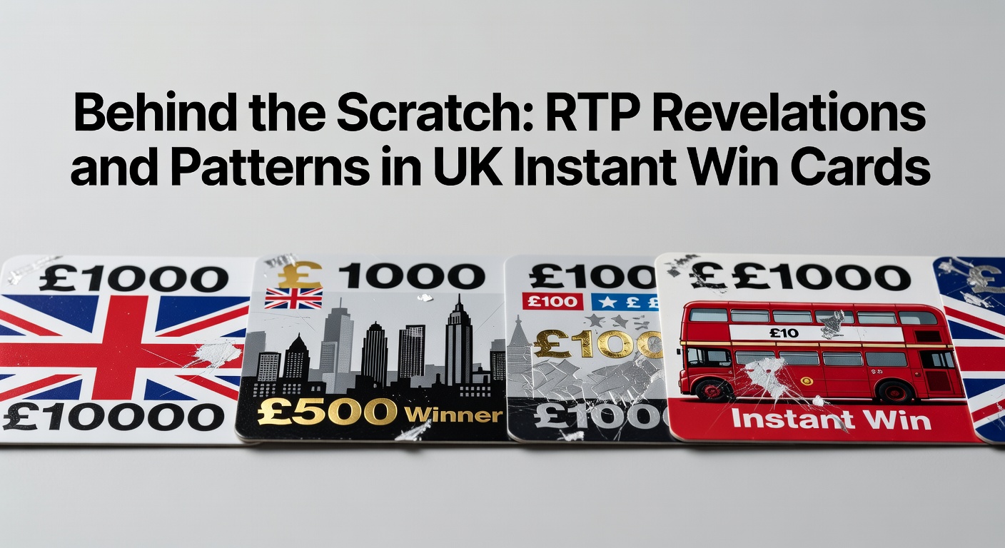 Close-up of a UK instant win scratch card being revealed, showing winning symbols and RTP details printed on the back