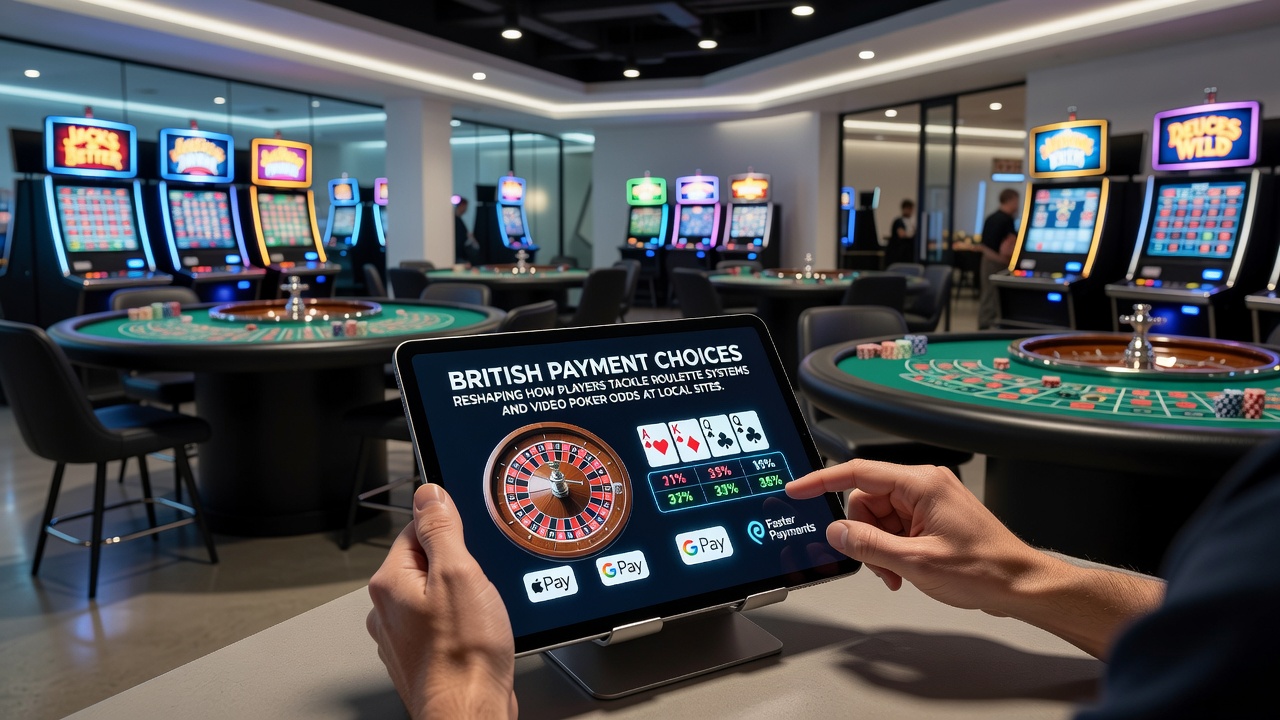 British payment methods displayed on a casino interface with roulette wheel and video poker screen