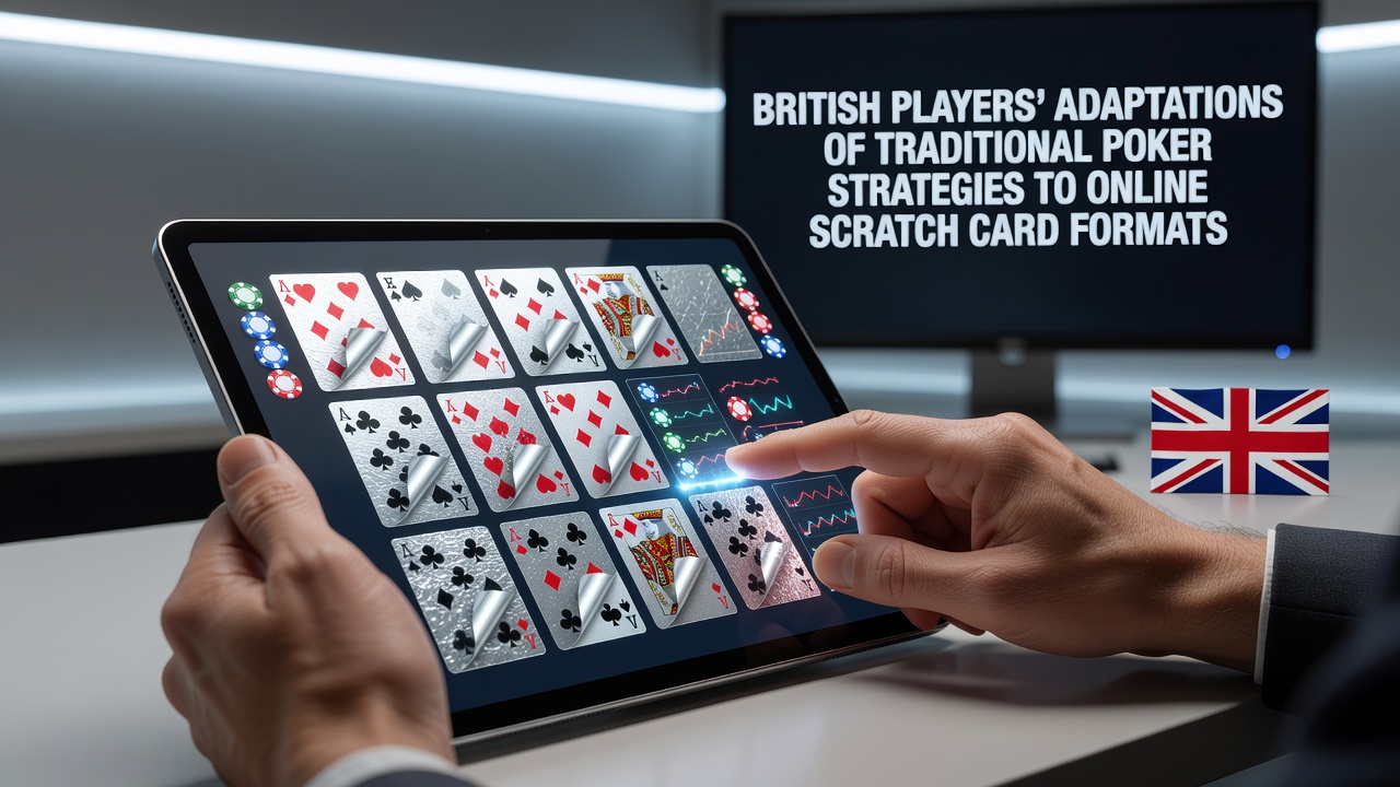 British players reviewing poker-inspired probability charts alongside online scratch card interfaces on desktop and mobile screens