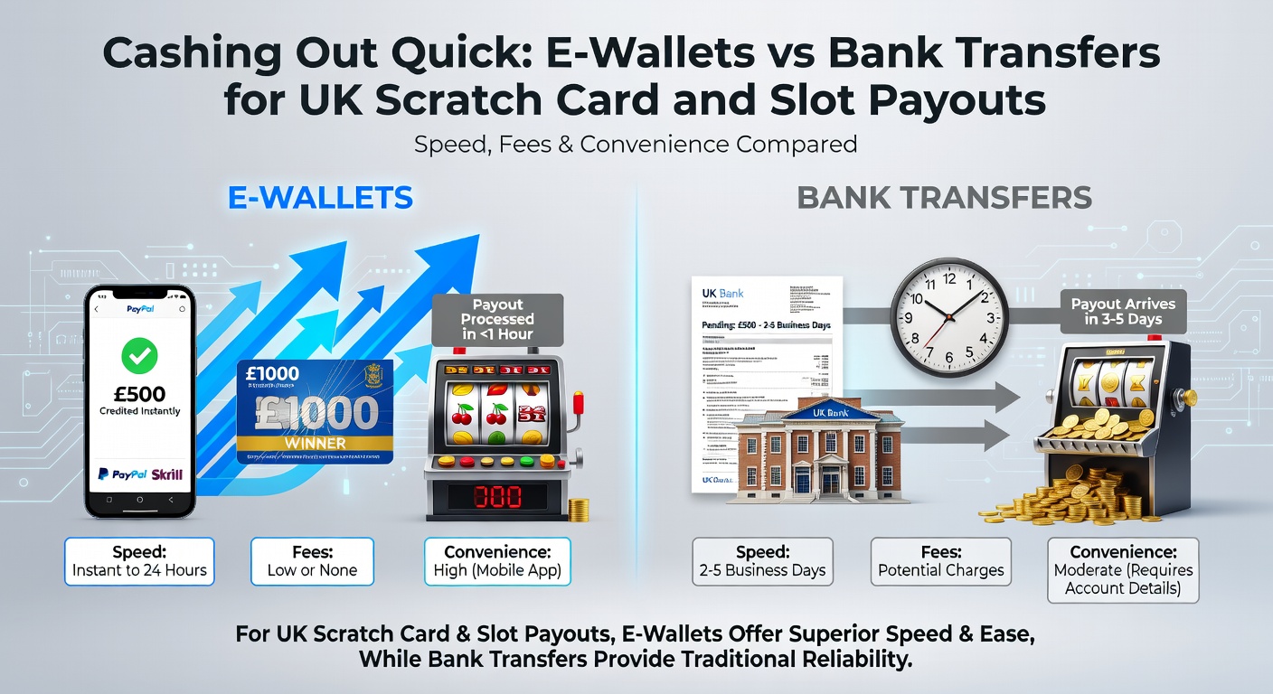 Digital icons representing e-wallets like PayPal and Skrill alongside bank transfer symbols, illustrating fast casino payout options for UK players on scratch cards and slots