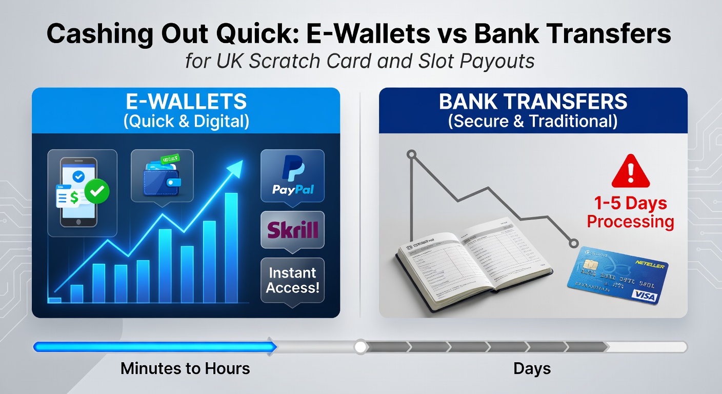 Comparison chart showing timelines for e-wallet versus bank transfer casino payouts, highlighting speed advantages for UK slot and scratch card winners