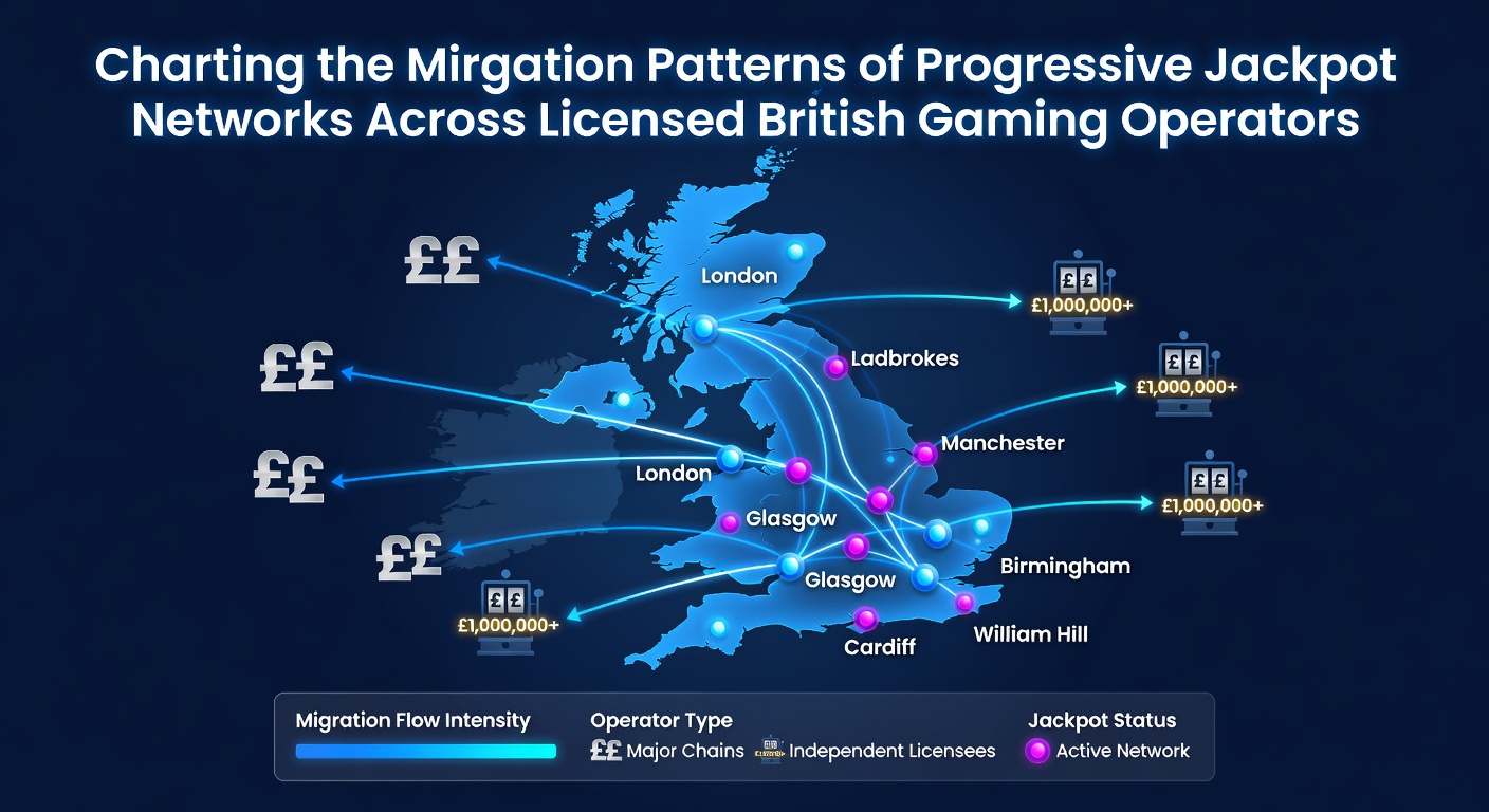 Visual representation of progressive jackpot network connections between multiple British gaming platforms and operators