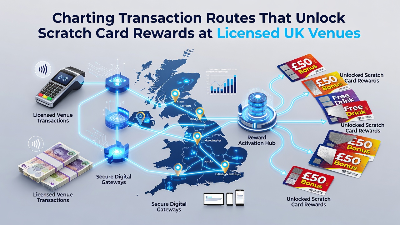 Diagram showing payment pathways and transaction flows for scratch card rewards at UK licensed venues