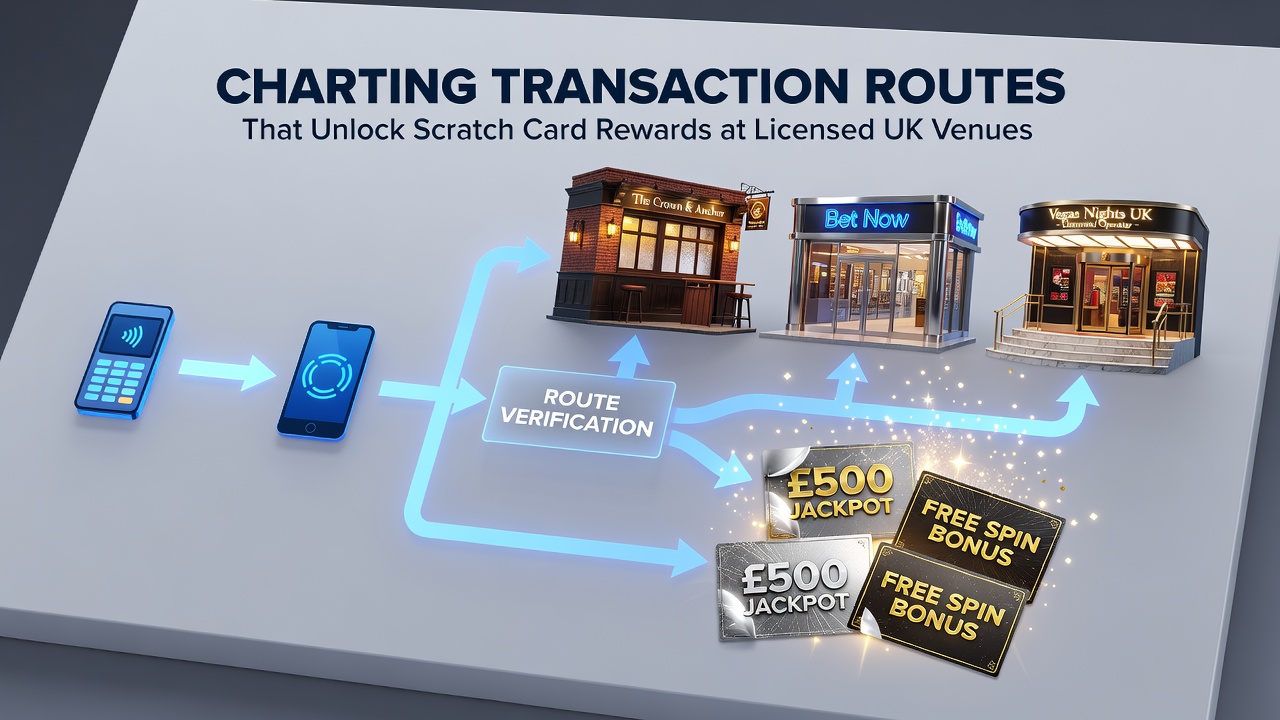 Illustration of secure payment processing adn reward claim routes in licensed UK scratch card operations