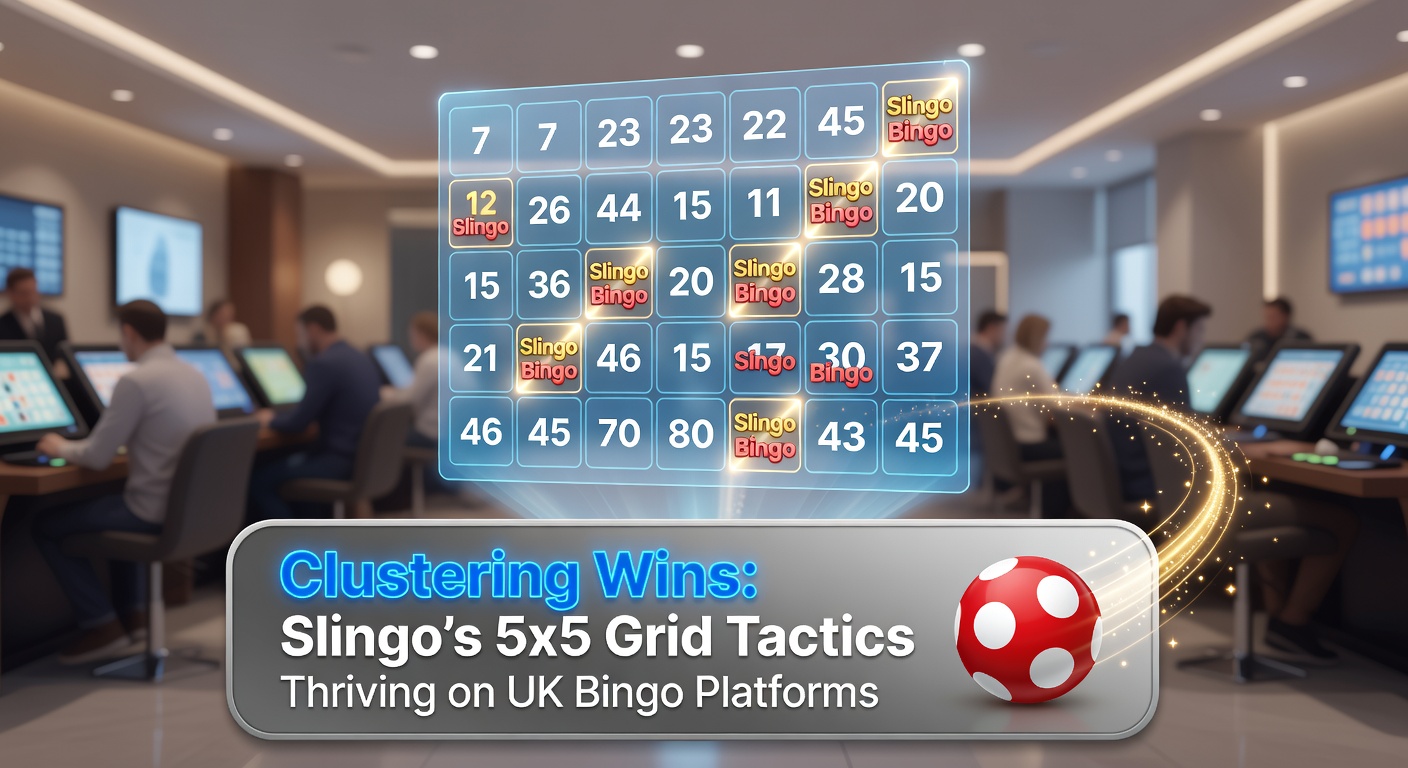 Vibrant Slingo 5x5 grid display highlighting clustered line wins on a UK bingo platform interface