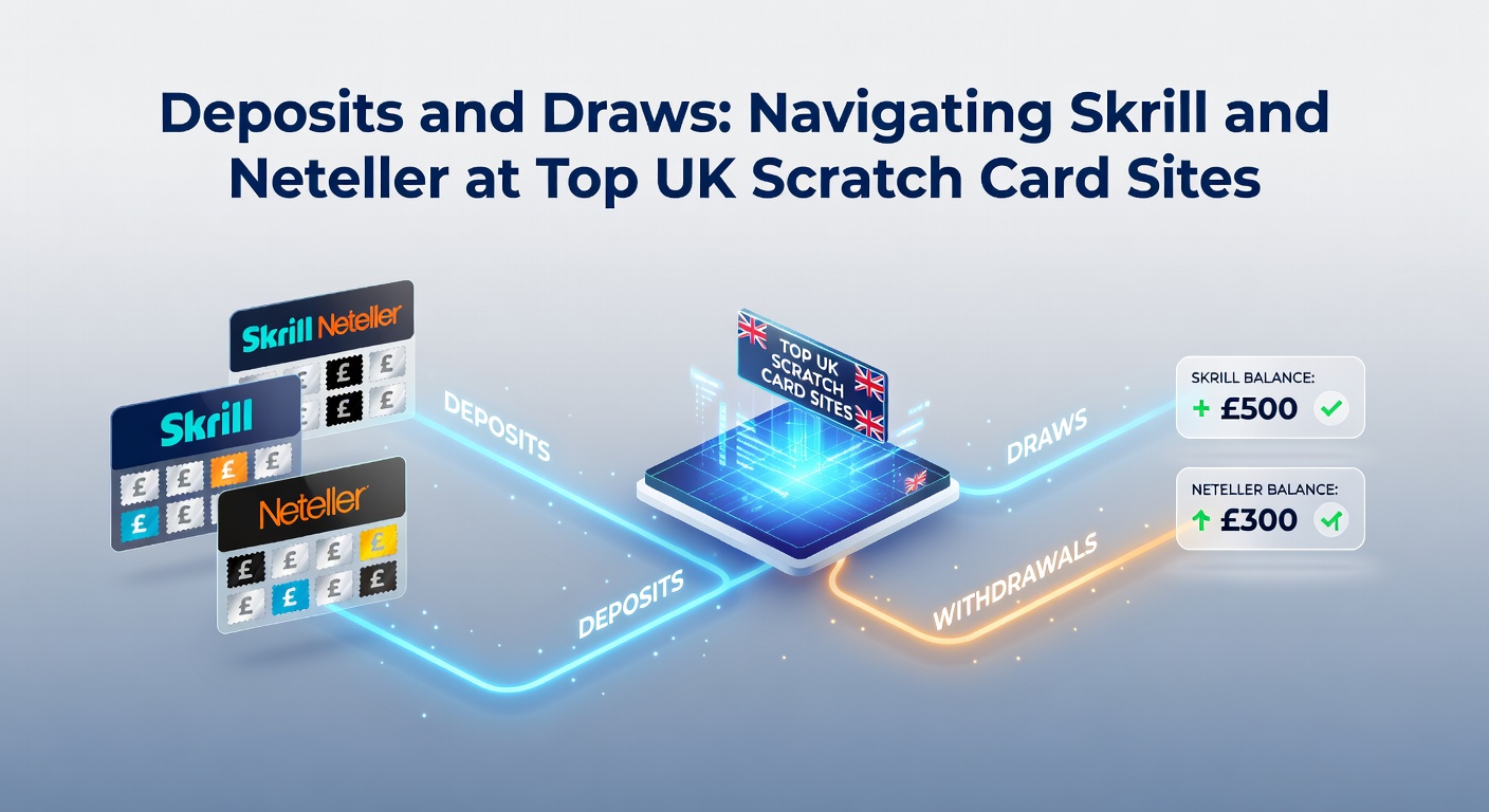 Digital wallet icons of Skrill and Neteller displayed alongside vibrant scratch card graphics on a UK online gaming interface