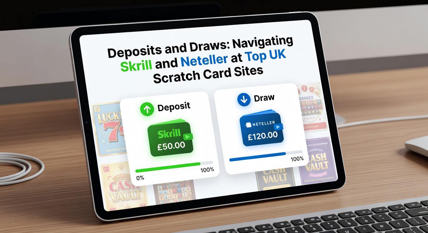 Screenshot of a withdrawal confirmation screen showing Skrill transfer completing on a mobile device next to winning scratch card results