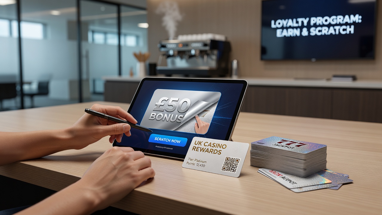 Illustration of digital scratch card interface showing symbols and prize tiers in a UK casino app