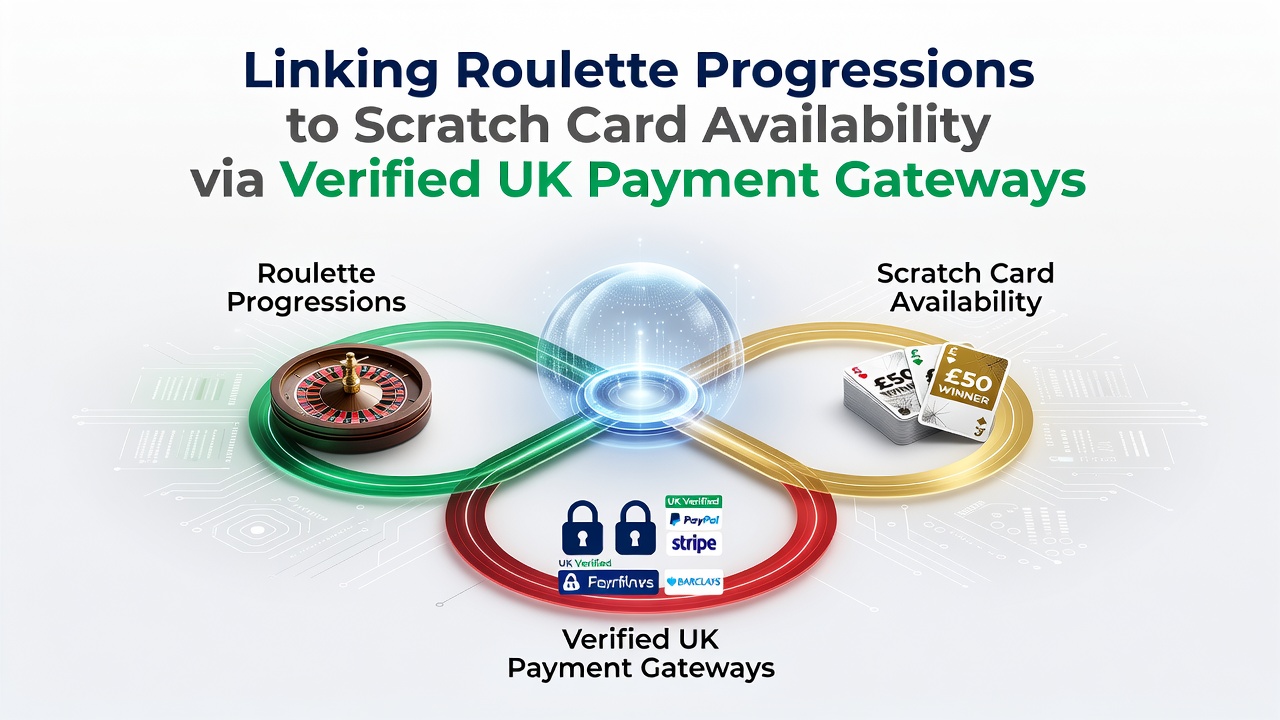 Roulette wheel and scratch card interface connected via payment gateway icons