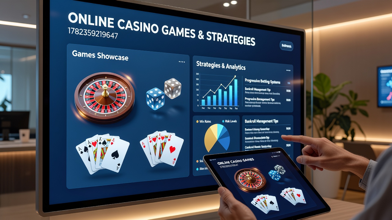 Players analyzing game statistics and payout tables on computer monitors in a modern setting