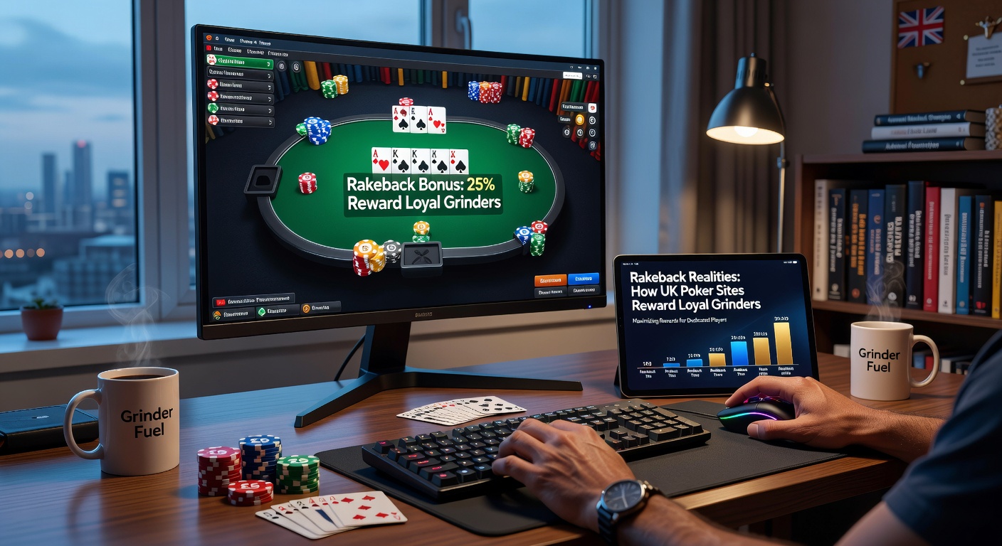 Poker player at a computer screen analyzing rakeback charts and loyalty rewards on a UK poker site