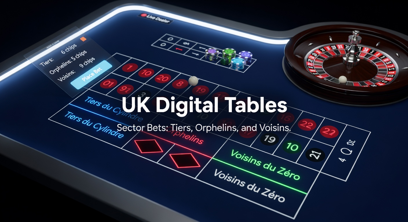 Close-up of a roulette wheel sector highlighting Orphelins numbers in red, contrasted against a sleek UK online casino betting interface with chip stacks ready for placement