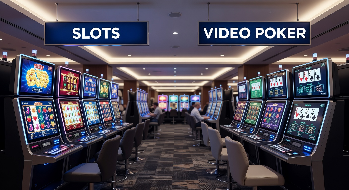 Close-up of a video poker screen displaying a royal flush hand amid a bustling casino environment