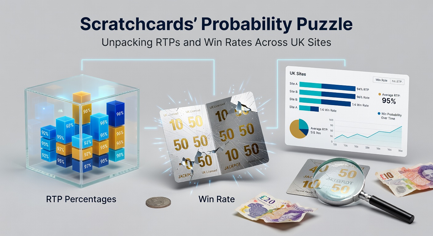 Colourful digital scratchcard revealing winning symbols under a virtual coin scratch, illustrating instant-win excitement on UK online platforms