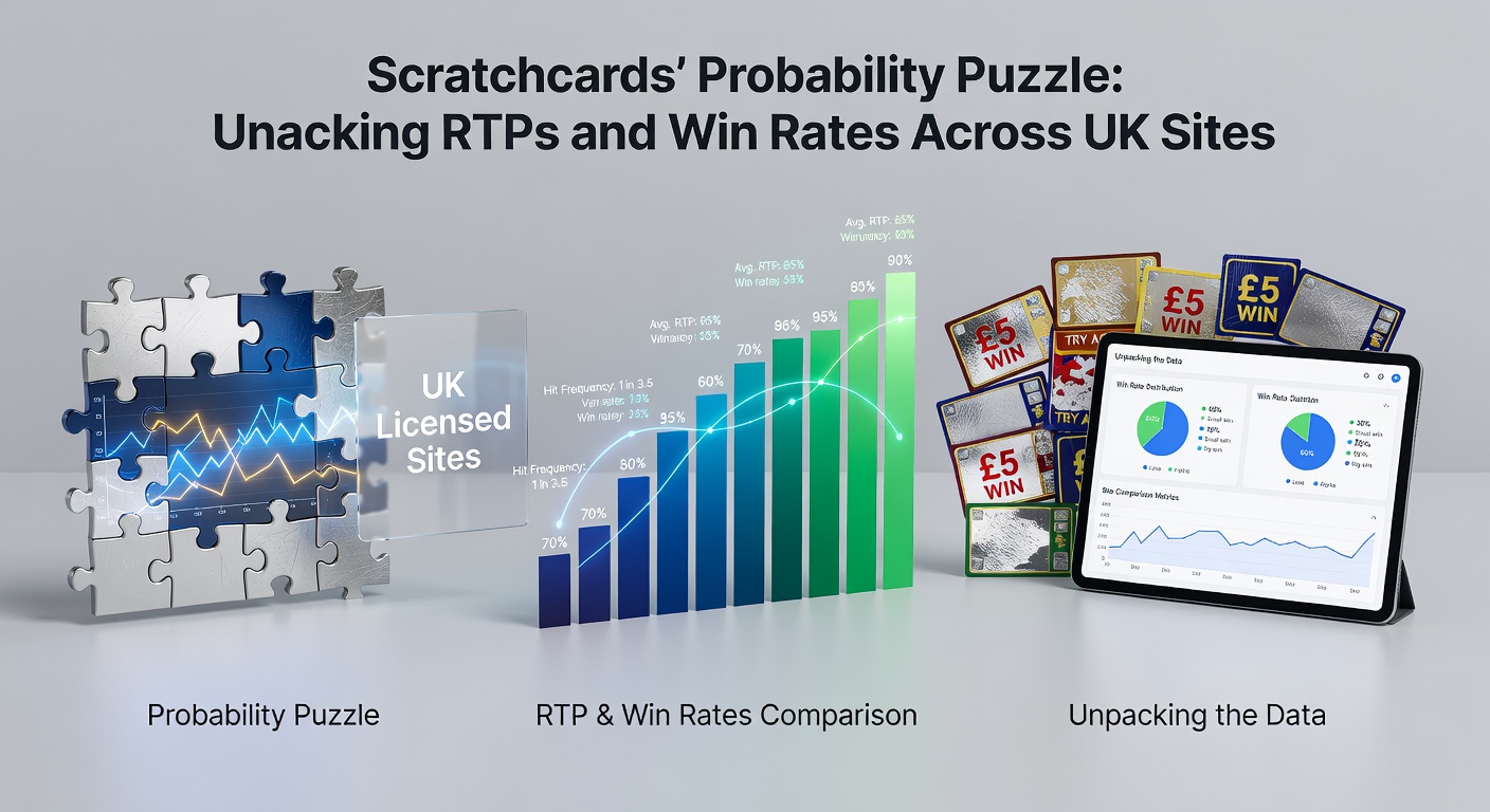 Infographic chart comparing RTP bars for various scratchcard games on UK sites, with win probability lines overlayed for visual clarity