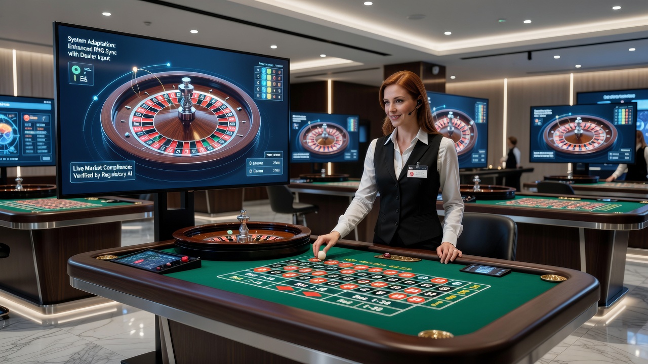 Close-up of a live dealer roulette wheel with digital betting interface and statistical overlays used in regulated online platforms
