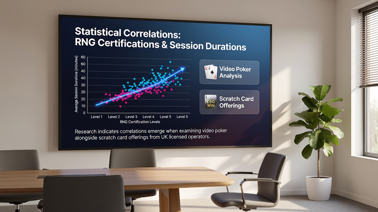 Charts displaying statistical correlations between RNG certifications and average session durations for video poker and scratch cards