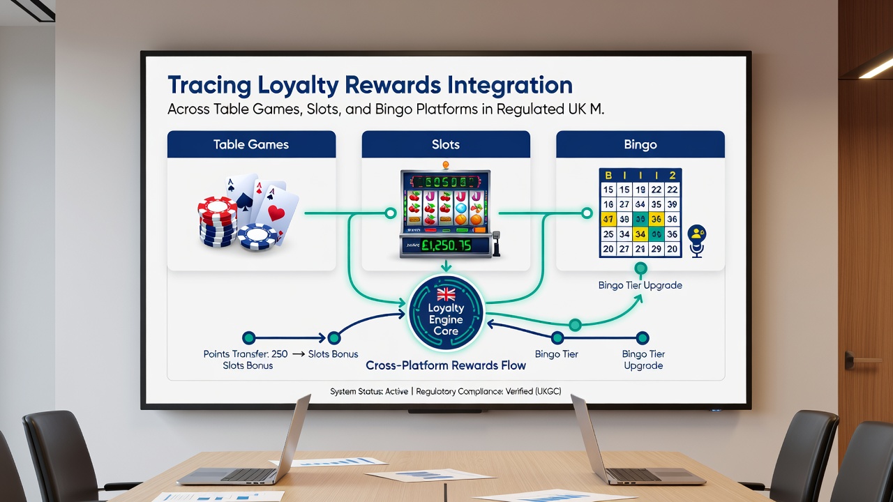 Network diagram illustrating data flow between table games, slots, bingo servers and a central loyalty database